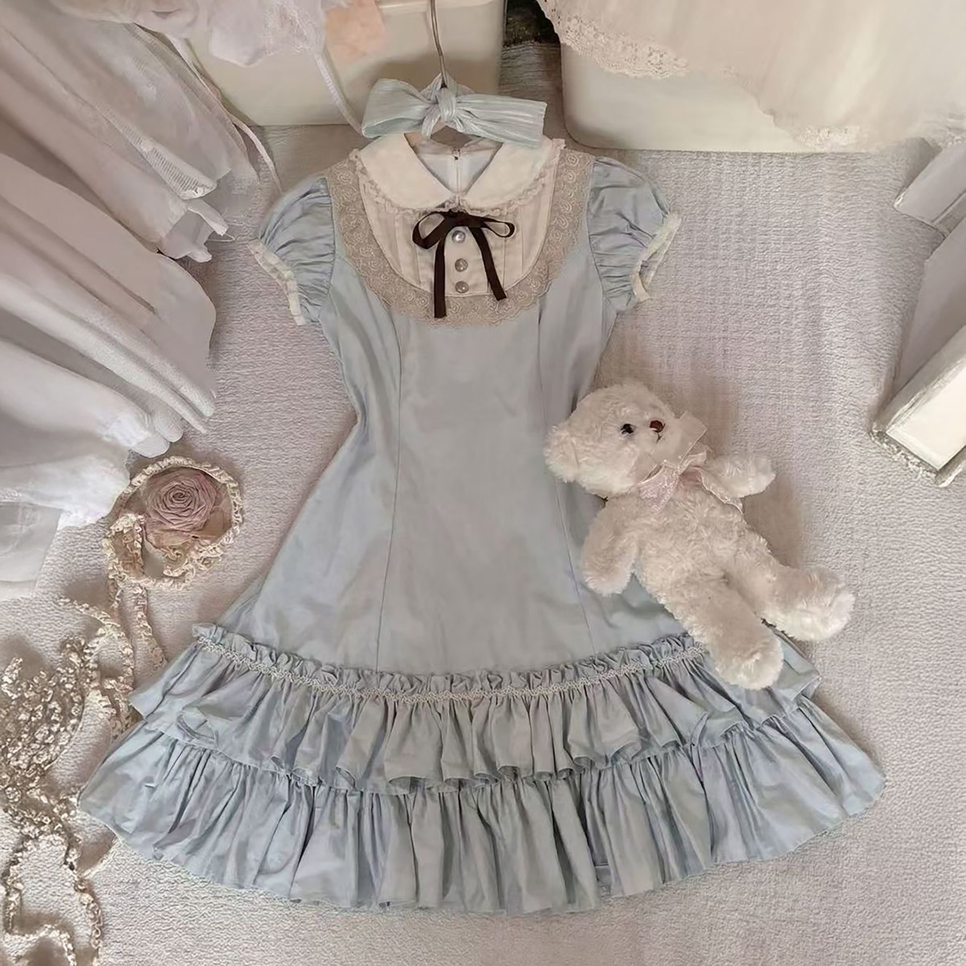 日系甜美可爱小个子蝴蝶结蕾丝拼接连衣裙女学生收腰显瘦蛋糕短裙