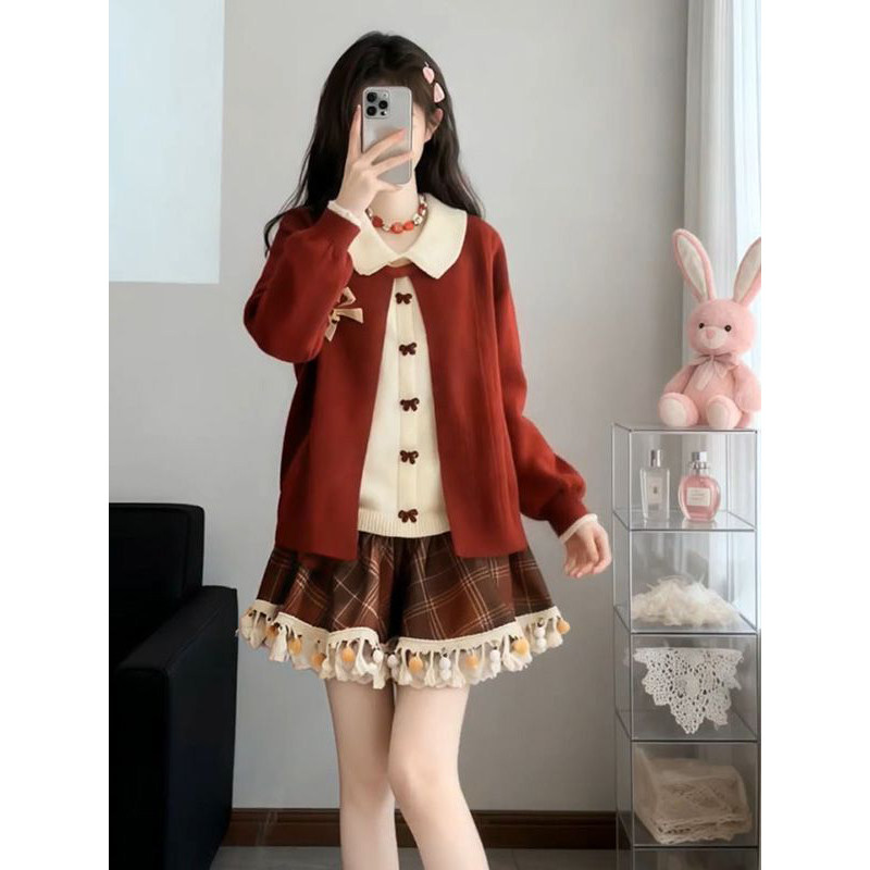 复古时尚风蝴蝶结毛衣女冬季圣诞新年跨年毛绒流苏边格子短裙套装,女装/女士精品,时尚套装,淘宝优惠券,粉丝福利购,淘宝优惠卷
