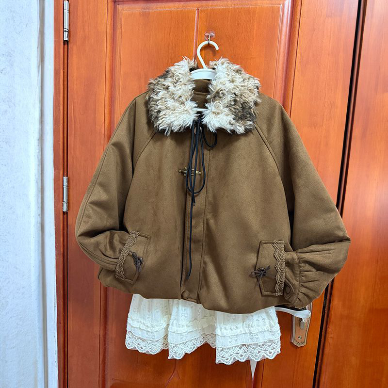 美拉德可拆卸毛领夹棉花苞棉服外套女叠穿蕾丝花边衬衫学生两件套