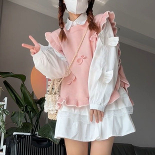 两件套装 法式 秋季 衬衫 甜美风圆领针织马甲背心女学生搭配白色长袖