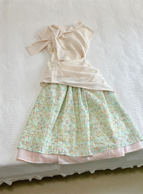 夏日清新甜美穿搭飘带条纹无袖上衣女搭配碎花绿色半身裙两件套装