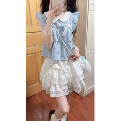 蓝色条纹娃娃领上衣+蛋糕半身裙