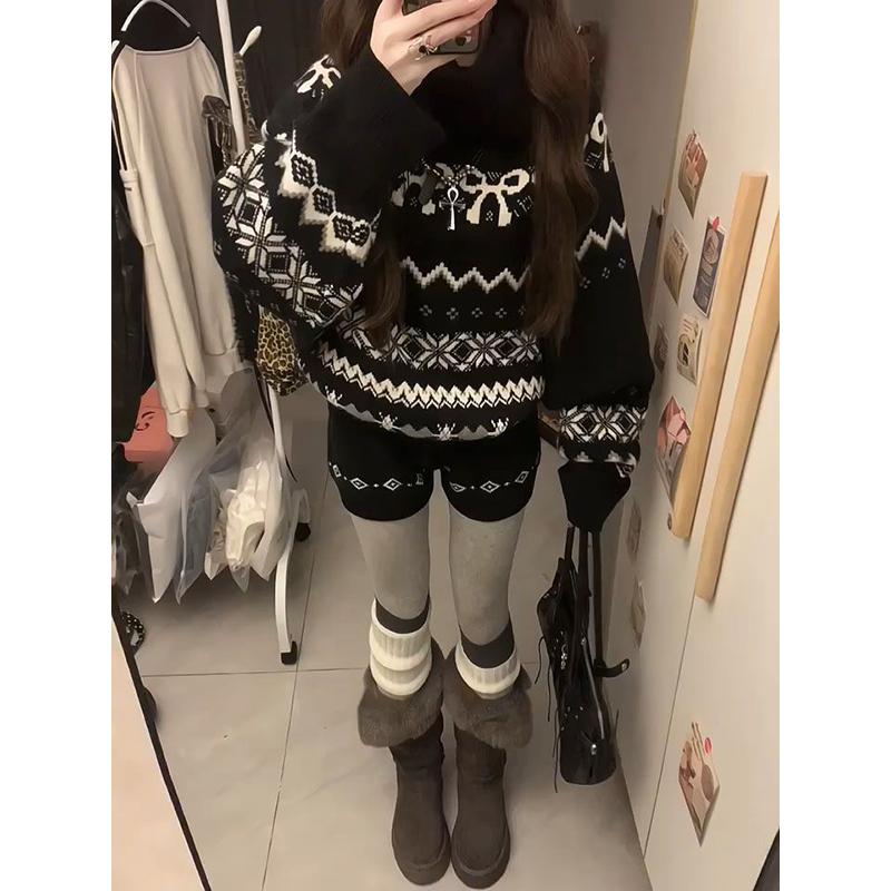 日系慵懒风费尔岛提花高领毛衣搭配针织辣妹高腰短裤女穿搭一整套