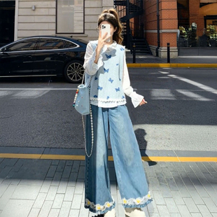 两件套装 春季 衬衫 韩系清纯温柔淑女蓝色蝴蝶针织马甲背心女 新款