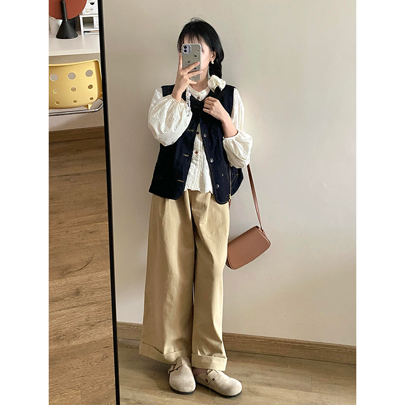 牛仔马甲开衫女刺绣衬衫阔腿长裤