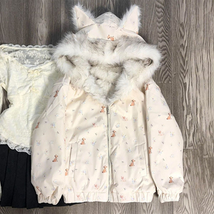 法式纯爱小狗连帽保暖毛毛外套冬季印花可爱耳朵大帽子两面穿棉服