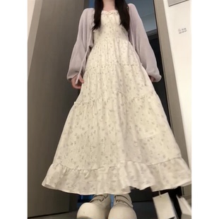 夏季 两件套 新款 度假风系带方口领碎花吊带连衣裙搭配防晒针织开衫