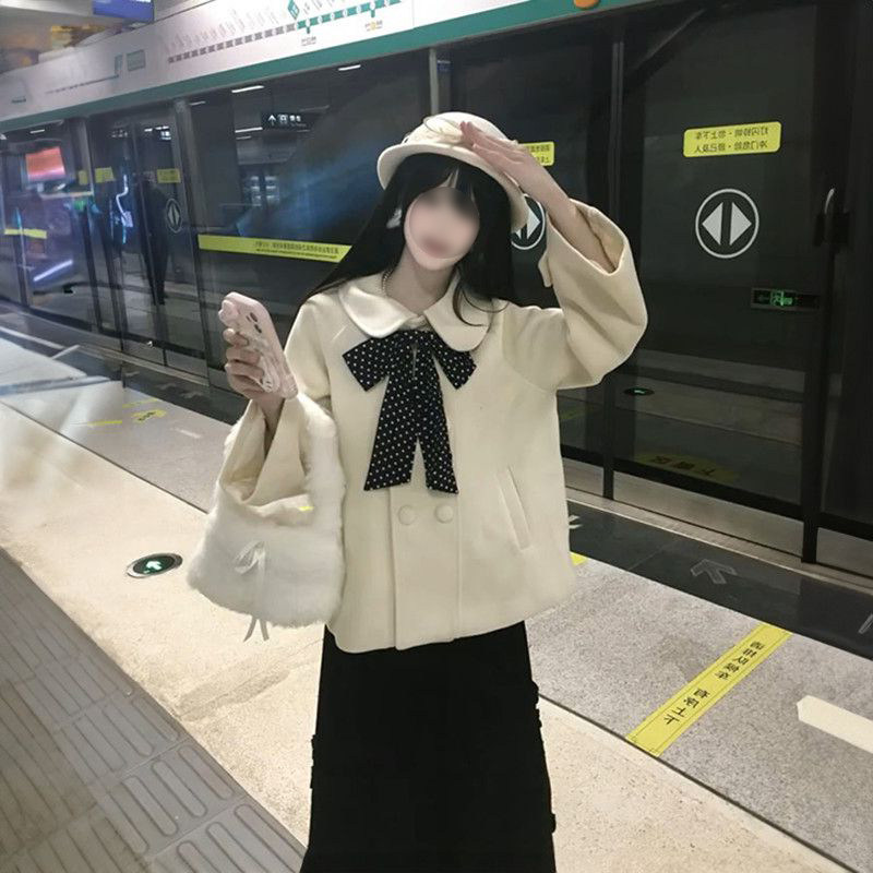 甜美少女风穿搭蝴蝶结杏色毛呢外套女+高腰木耳边半身裙两件/套装,女装/女士精品,时尚套装,淘宝优惠券,粉丝福利购,淘宝优惠卷