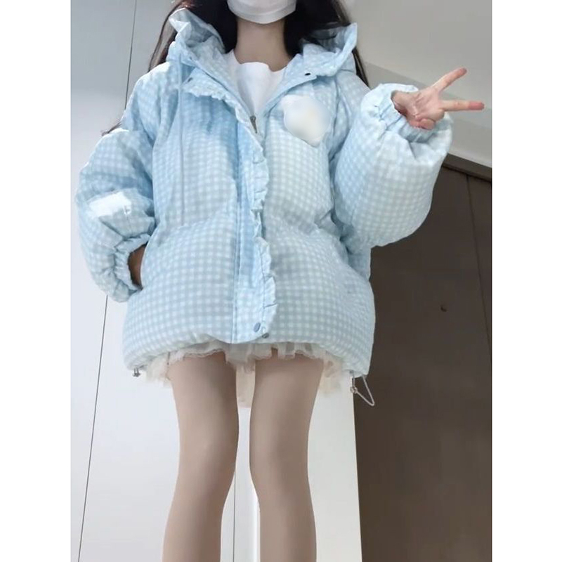 多巴胺新款设计感花边云朵蓝白连帽棉服女2025冬季保暖面包服外套