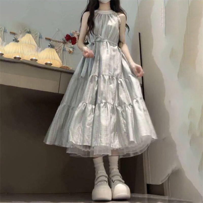 夏季甜美温柔风绑带条纹无袖挂脖连衣裙女设计感收腰显瘦气质长裙