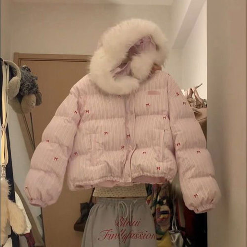 韩系复古蝴蝶结印花条纹棉服