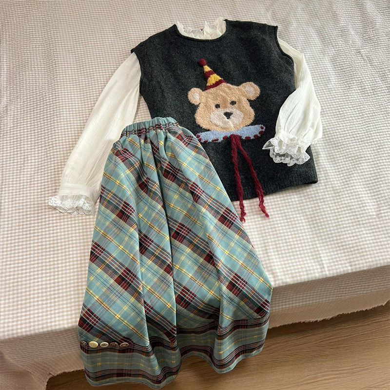 针织背心马甲长袖衬衫格纹半身裙