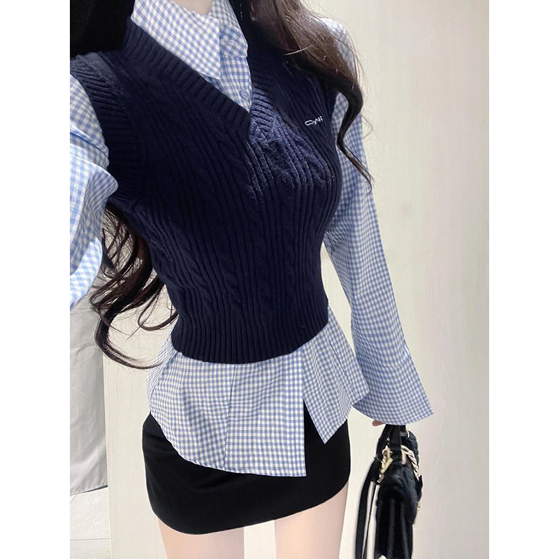 入秋穿搭一整套女韩系短款外搭v领背心针织毛衣马甲+蓝色格子衬衫