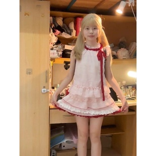 上衣搭配蕾丝花边短裙两件套装 可爱少女感粉撞红蝴蝶结绑带小飞袖