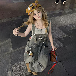 女宽松减龄阔腿长裤 2026春季 复古水洗做旧牛仔背带连体裤 美式 新款