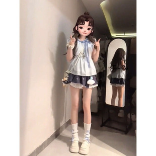 2025夏季 新款 蕾丝花边蓝色小飞袖 上衣女搭配刺绣花苞短裙两件套装