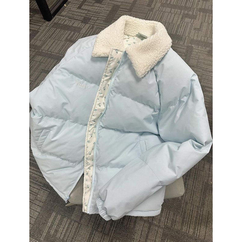 韩版拼接羊羔领奶蓝色棉衣外套女冬季宽松加厚保暖学院翻领面包服,女装/女士精品,棉衣/棉服,淘宝优惠券,粉丝福利购,淘宝优惠卷