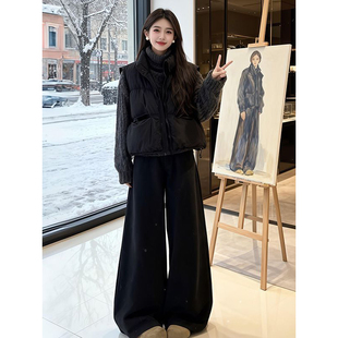 小众松弛感高级黑灰高领毛衣+保暖棉衣马甲外套+阔腿裤女三件套装
