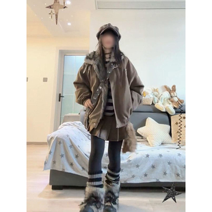 美式复古甜酷座山雕外套十字架毛领棉服高级加厚保暖时尚情侣棉衣