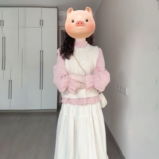 半身裙三件套 韩系一整套温柔穿搭奶白色针织马甲女粉色花边领衬衫