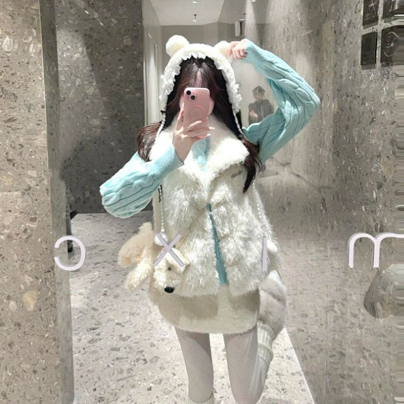 法式一整套穿搭少女感巨好看毛毛马甲背心女秋冬麻花针织开衫毛衣