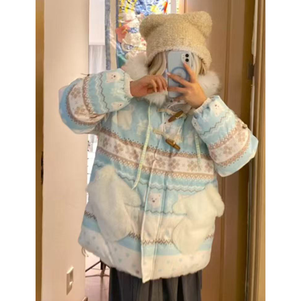 设计感毛领小熊耳朵连帽棉衣外套女费尔岛冬季宽松保暖牛角扣棉服