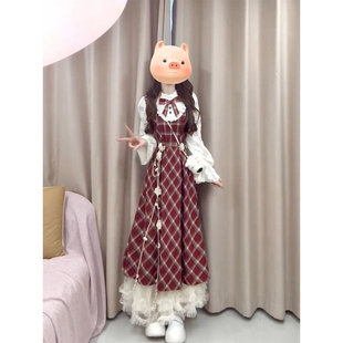 简约通勤风格纹假两件新年红高腰连衣裙女学生氛围感修身显瘦长裙