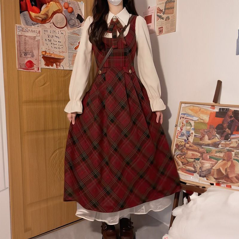 法式气质学院风毛呢背带格纹连衣裙女+杏色领结长袖衬衫两件/套装,女装/女士精品,时尚套装,淘宝优惠券,粉丝福利购,淘宝优惠卷