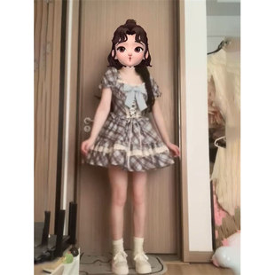 甜美清纯少女蝴蝶结绑带格纹连衣裙女夏日收腰小个子绝美蓬蓬短裙