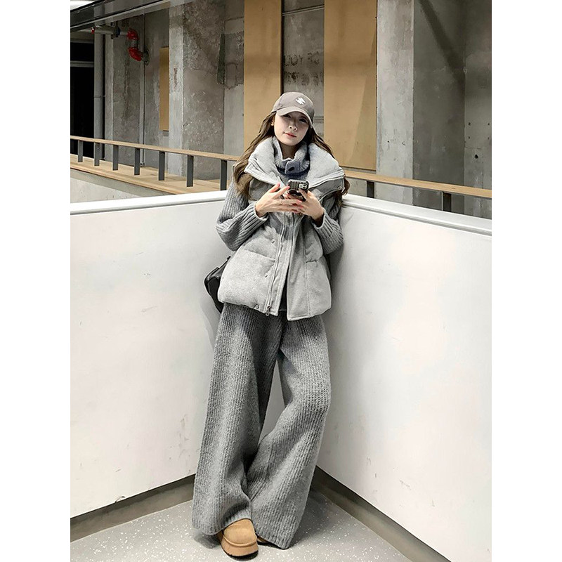 复古风穿搭一整套高级灰色长裤+针织开衫内搭毛衣+背心棉服马甲女,女装/女士精品,时尚套装,淘宝优惠券,粉丝福利购,淘宝优惠卷
