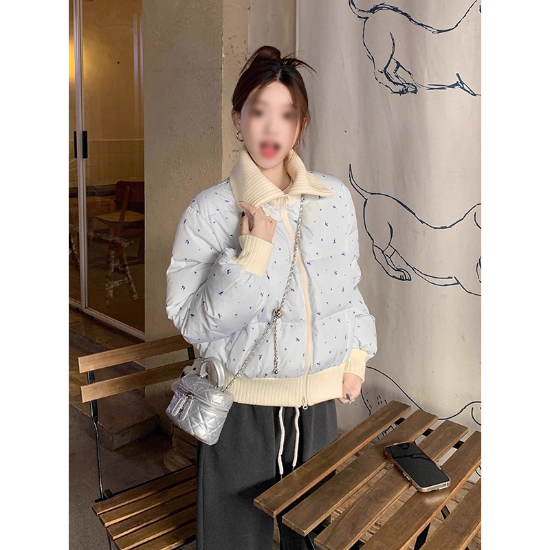 冬季甜妹风长袖翻领碎花羽绒棉袄女2025蓝色宽松保暖短款棉服外套