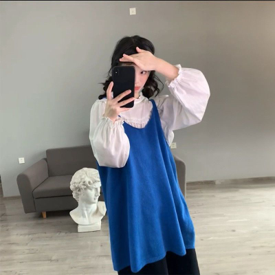 多巴胺甜美小个子叠穿风蓝色吊带连衣裙女早秋季显瘦白色衬衫套装