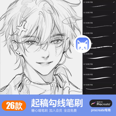 procreate笔刷零基础起稿勾线丝滑勾边ipad手绘速写炭笔草图素材