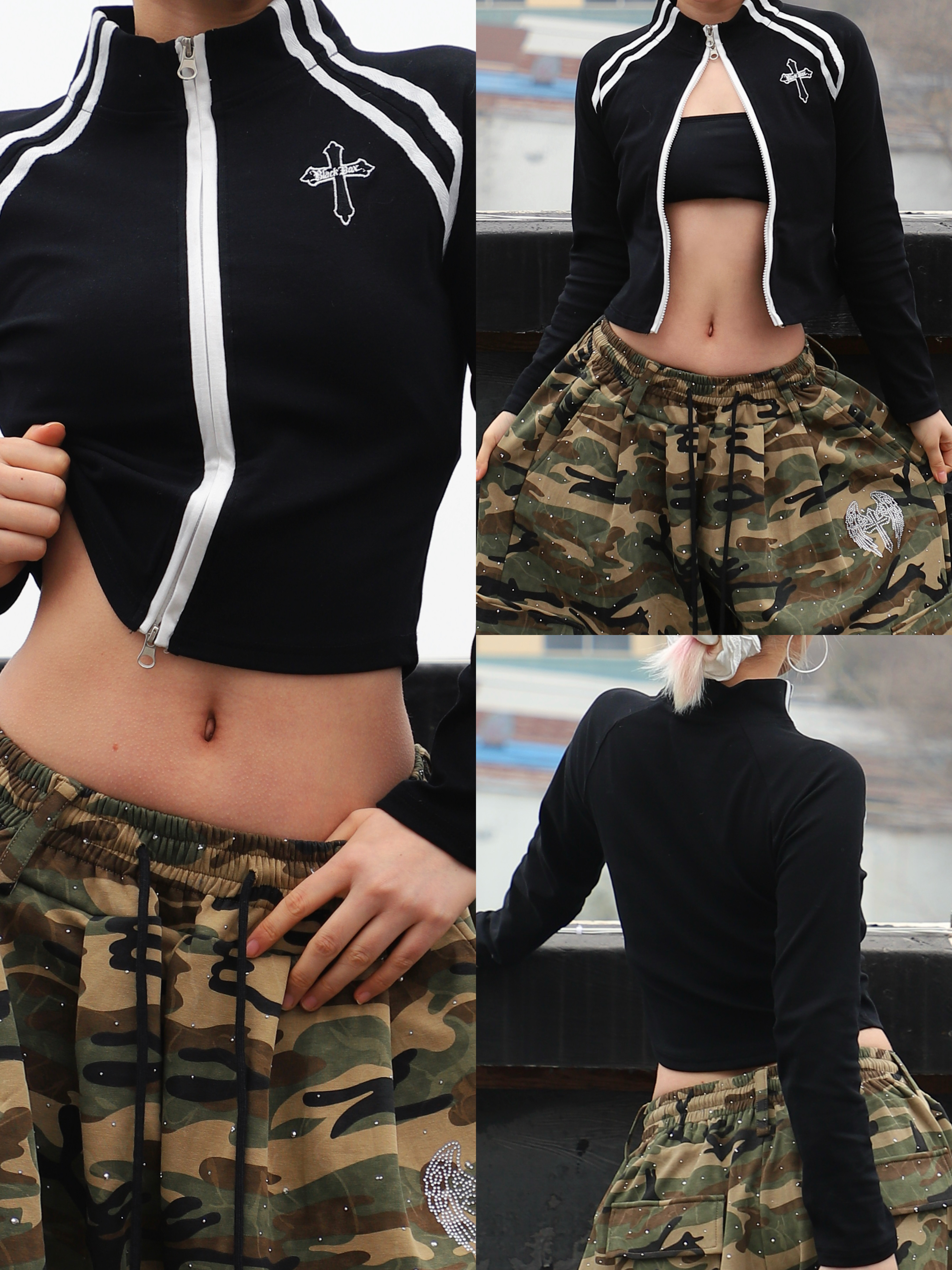 BLACKBOX黑盒子美式立领撞色刺绣双拉链开衫修身显瘦百搭长袖女,女装/女士精品,短外套,淘宝优惠券,粉丝福利购,淘宝优惠卷