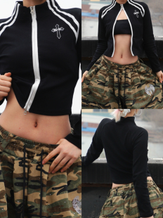 BLACKBOX黑盒子美式立领撞色刺绣双拉链开衫修身显瘦百搭长袖女