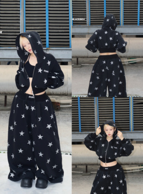 〖黑色星星套装〗BLACKBOX原创爆闪星星阔腿裤短款带帽卫衣套装