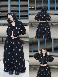 〖黑色星星套装〗BLACKBOX原创爆闪星星阔腿裤短款带帽卫衣套装