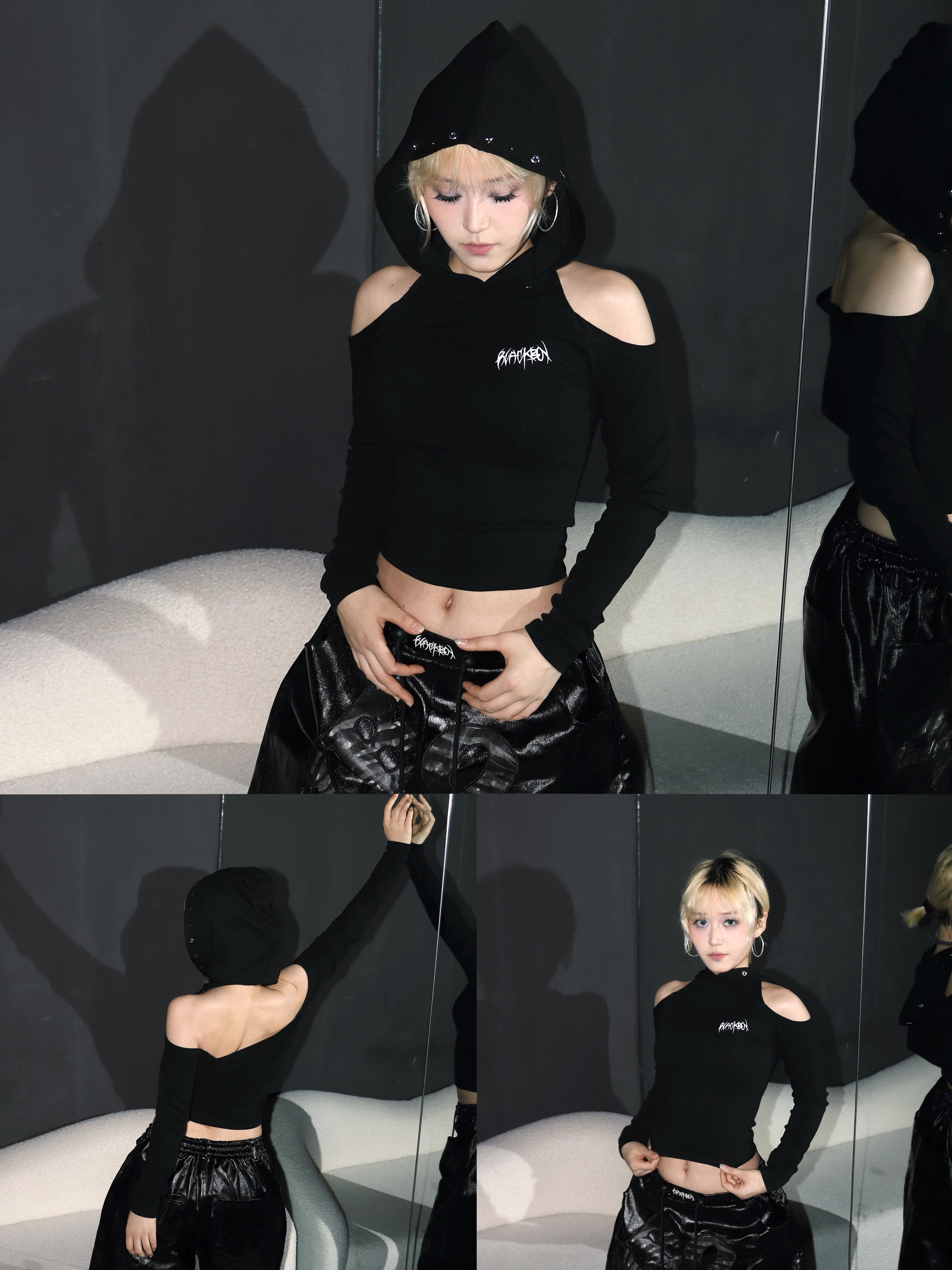 BLACKBOX黑盒子美式露背镶钻帽衫长袖T修身短款辣妹风露肩上衣女