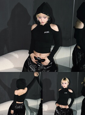 BLACKBOX黑盒子美式露背镶钻帽衫长袖T修身短款辣妹风露肩上衣女