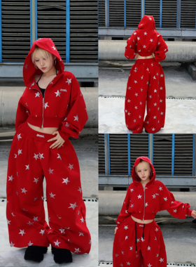 〖红色星星套装〗BLACKBOX原创爆闪星星阔腿裤短款带帽卫一套装