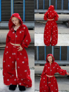 〖红色星星套装〗BLACKBOX原创爆闪星星阔腿裤短款带帽卫一套装