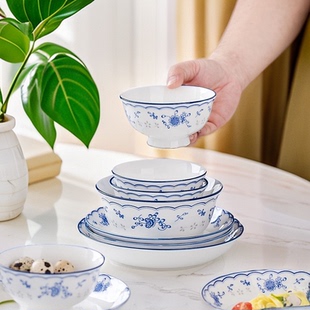 兰蝴蝶中式 简约创意4.5英寸陶瓷饭碗高脚米饭碗釉下创意5英寸大碗