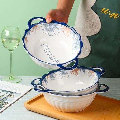 家用陶瓷10英寸蓝棕大花带耳汤碗大容量防烫大碗釉下彩两款任选