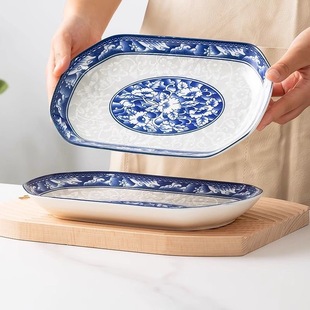 青花鱼盘家用陶瓷长方盘子大号碟子烤盘日式简约蒸鱼盘酒店饭店用