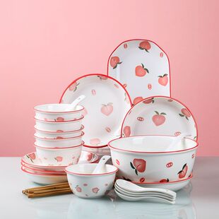 卡通新款家用碗盘套装创意陶瓷4-10人用碗乔迁新居碗碟餐具微波炉