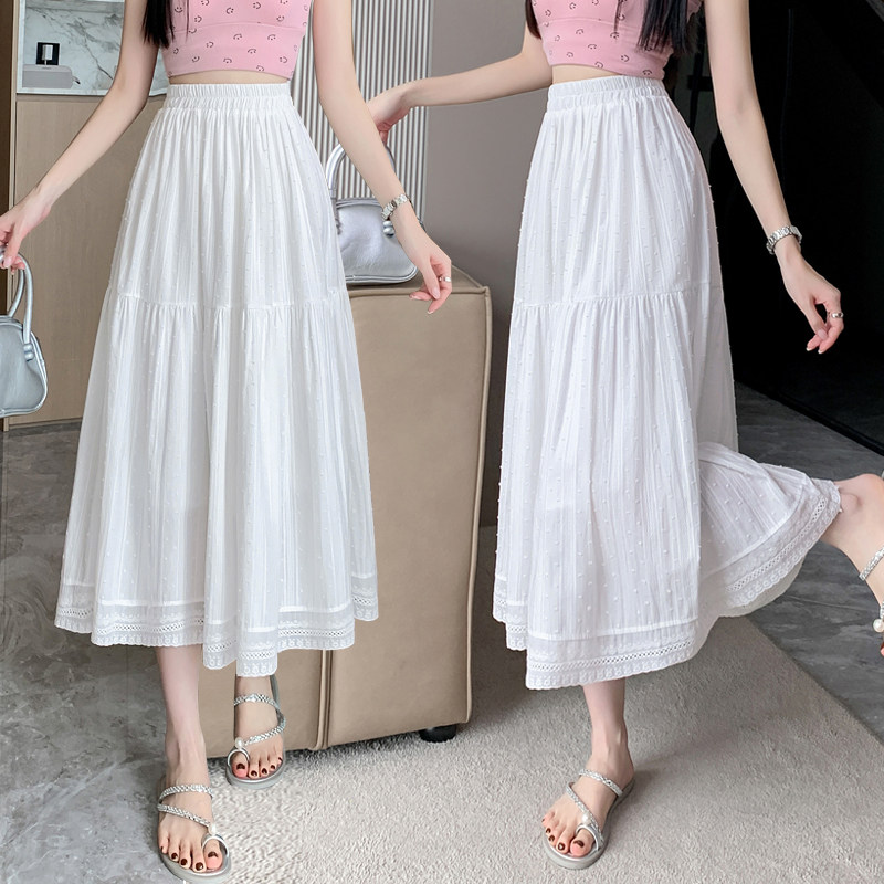 中裙 雪纺钩花长裙女春夏季白色半身裙松紧腰蕾丝a字裙甜美小清新