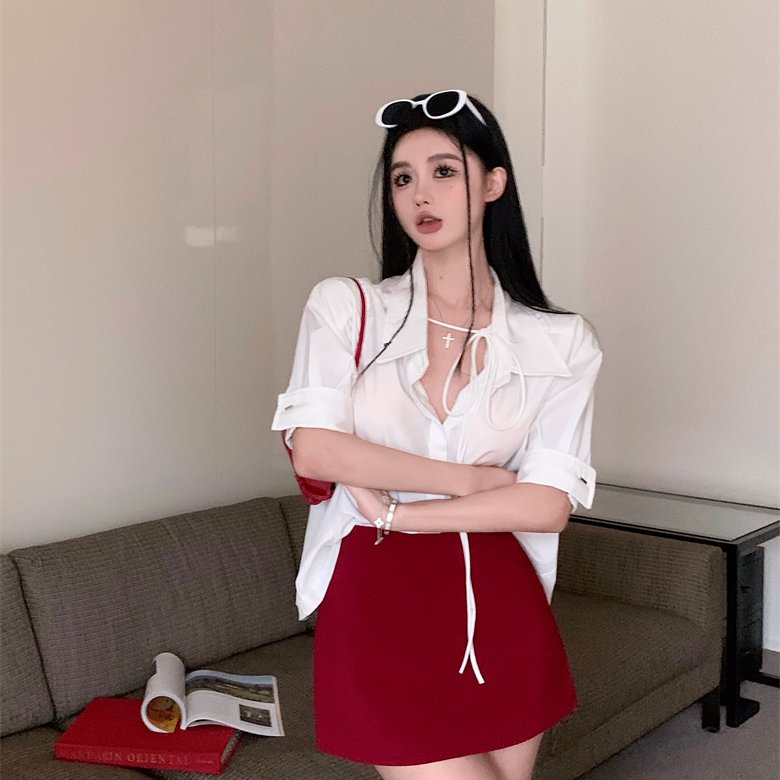 通勤Ancora秀场衬衫轻奢感宽松白色衬衣正红色气质半身裙短裙