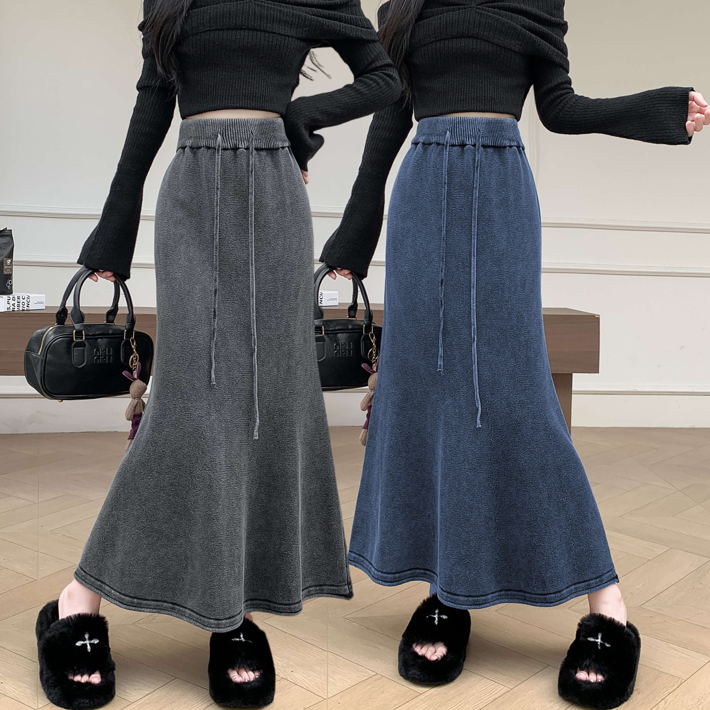 通勤炒色洗水显瘦棉线针织鱼尾半身裙做旧工艺抽绳毛线包臀裙长裙