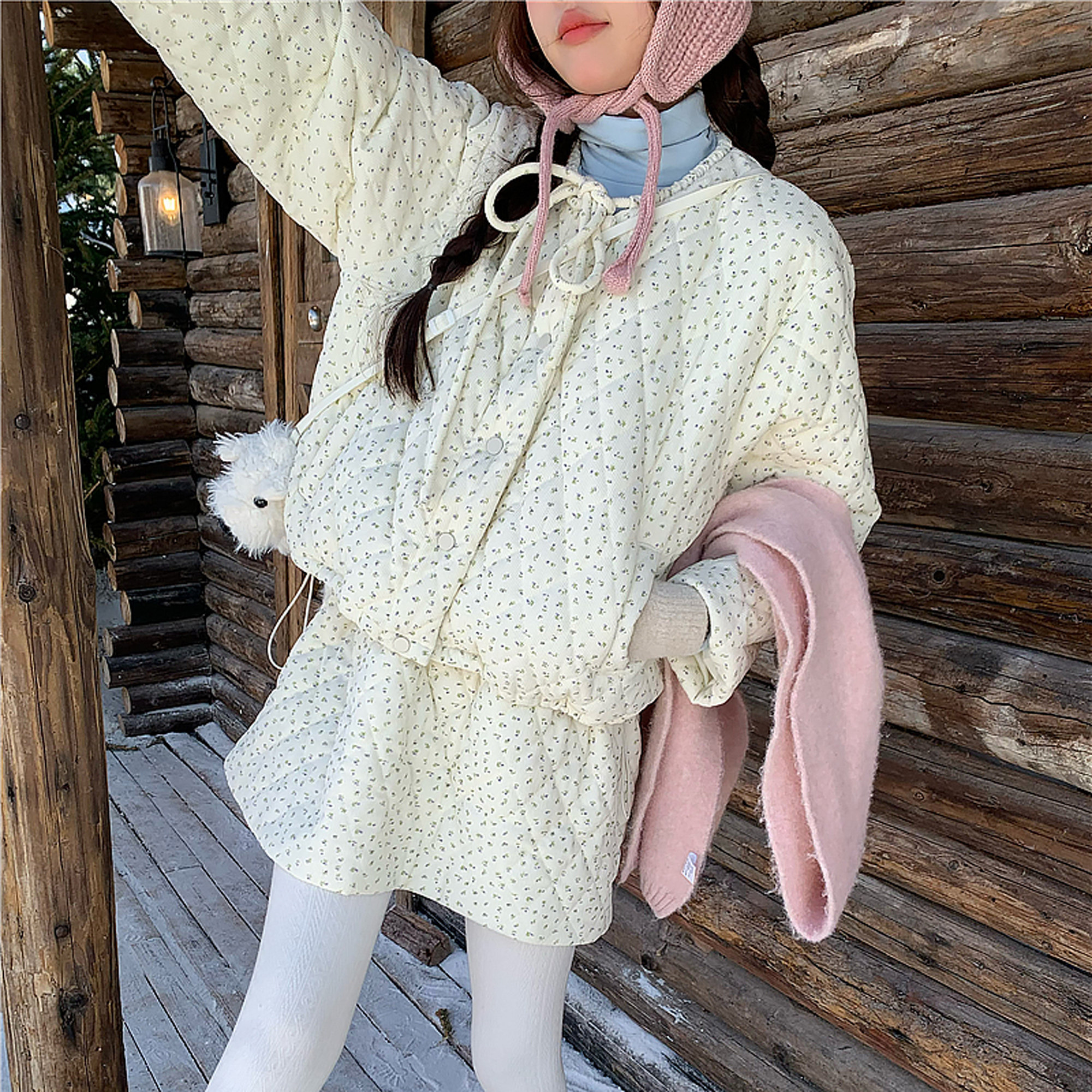 韩版系带碎花棉服套装冬季可爱棉服外套 半身短裙 粉色长袖打底衫