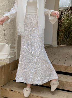 半裙20256春季气质通勤加密亮片鱼尾裙半身裙 高腰显瘦垂感丝绒裙